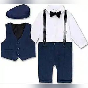 NWT A&J DESIGN Baby Boys Outfit Set, 3pcs Gentleman Romper & Vest & Bere 12-18m